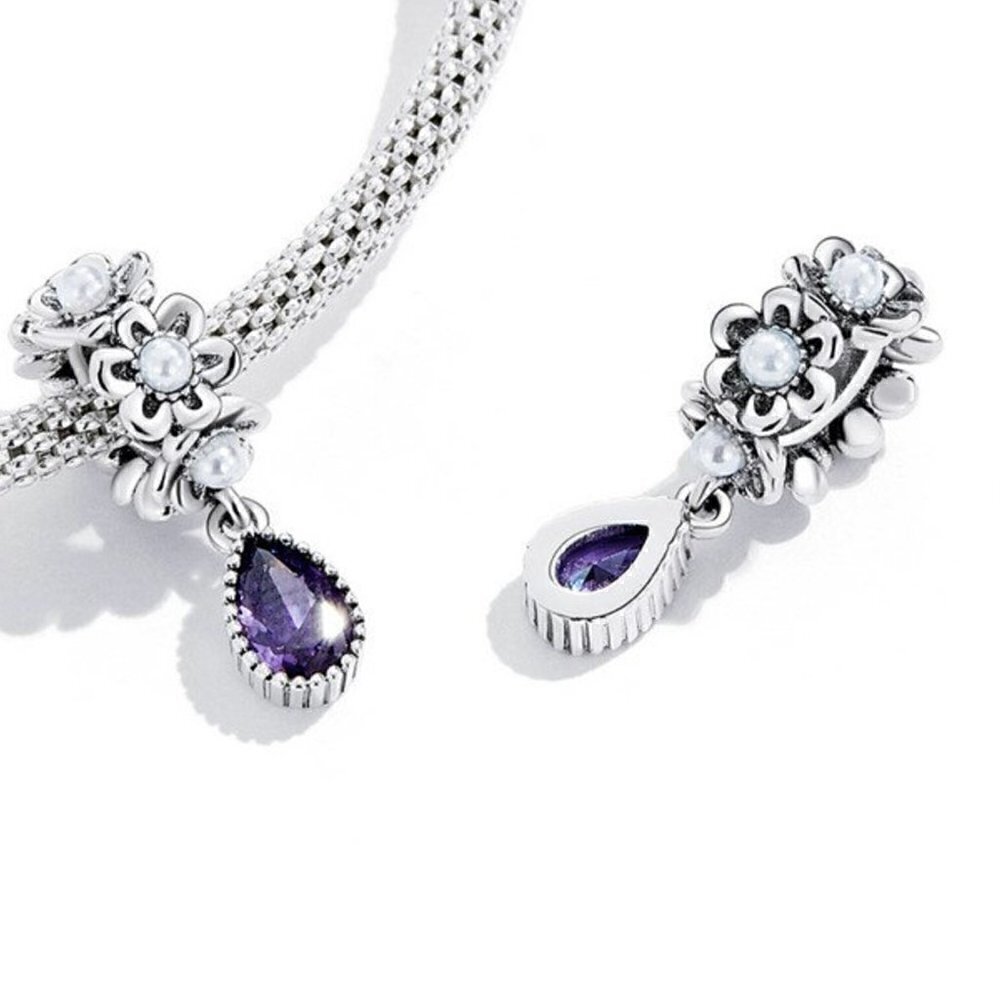 Sterling Silver Purple Crystal Teardrop and Pearls Dangle